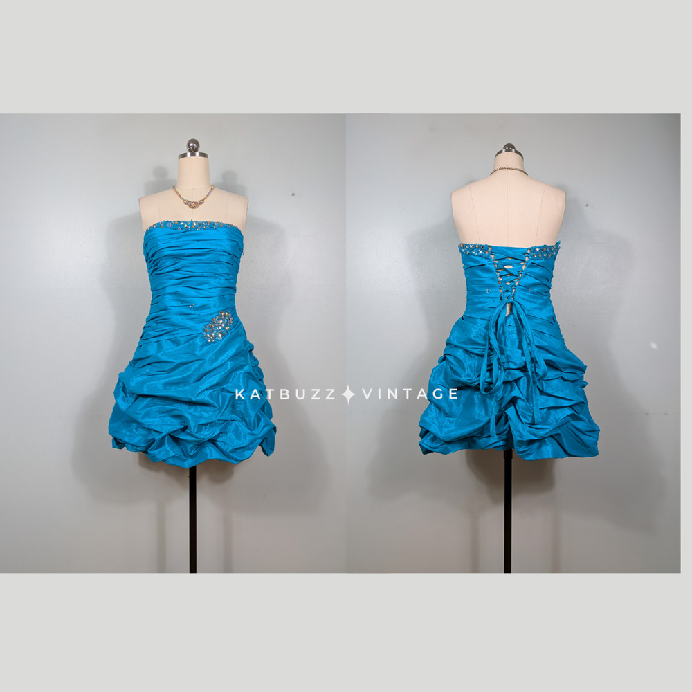 Vintage Prom Dress Mini Gown M Blue Corset Y2K Princess Strapless Glam Rhineston